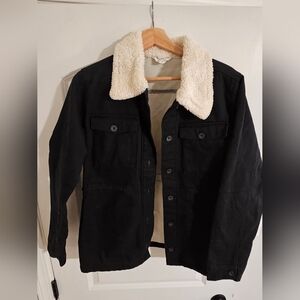 Black Sherpa-Lined Twill Jacket with Faux Shearling Collar